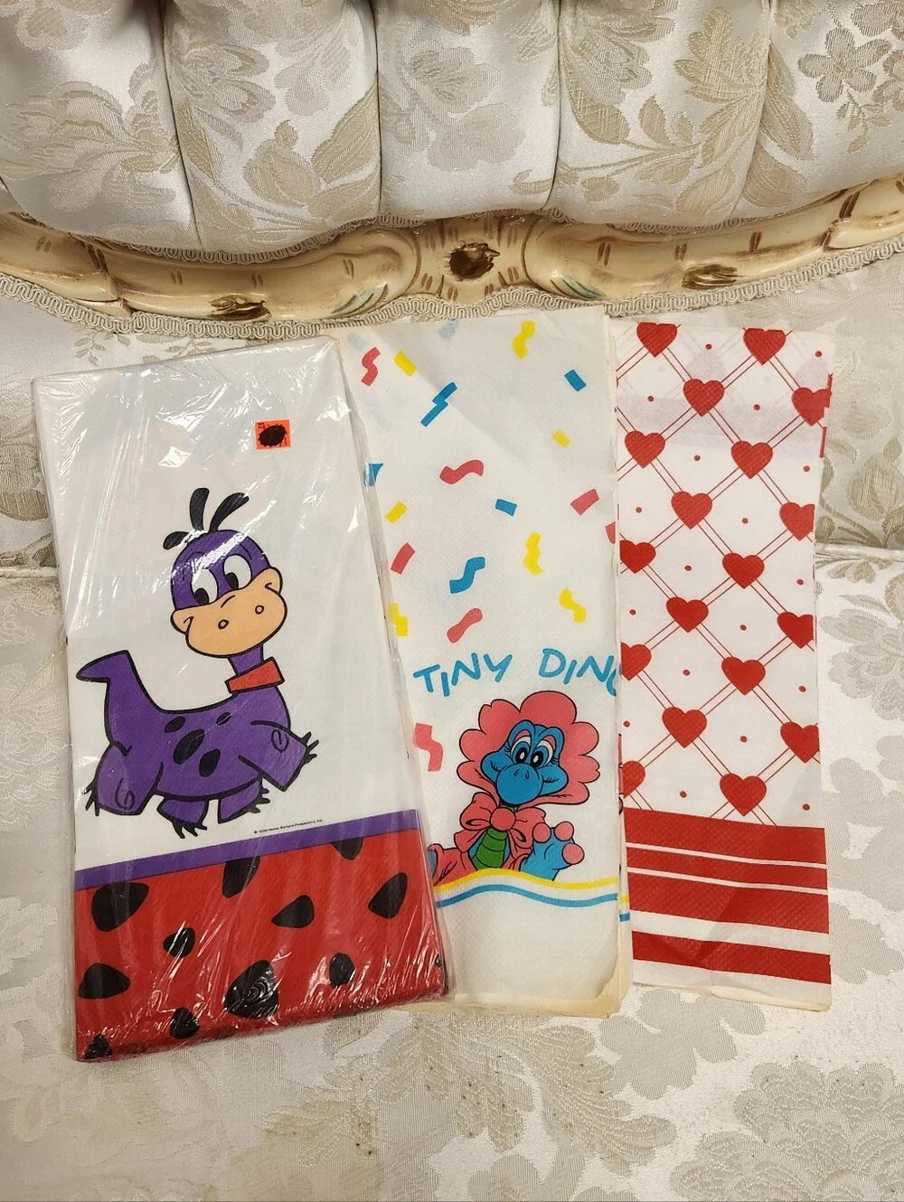 Lot Of 3 Vintage Party Table Covers Tiny Dinos Flintstones Hearts